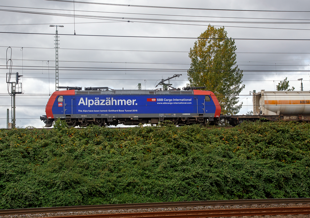 
Die  Alpäzähmer   Re 482 026-2 (91 85 4482 026-2 CH-SBBC) der SBB Cargo International AG fährt am 07.10.2015 mit einem Containerzug durch Köln-Gremberg. Hier aufgenommen vom Bahnsteig am Hp Köln-Steinstraße.

Die Bombardier TRAXX F140 AC1 wurde 2003 von Bombardier in Kassel unter der Fabriknummer 33595 gebaut. 

SBB Cargo International präsentiert sich als «Alpäzähmer»:
In etwas mehr als einem Jahr, am 11. Dezember 2016, ist es soweit: Der längste Tunnel der Welt, der Gotthard-Basistunnel, wird in Betrieb genommen. SBB Cargo International, das führende Eisenbahnverkehrsunternehmen für den Güterverkehr auf der Nord-Südachse, zeigte aus diesem Anlass am 14. August 2015 in Köln Eifeltor ein neues Design für seine Lokomotiven. 

„Alpäzähmer“ ist eine von SBB Cargo International geschützte Marke, bei der es sich um eine Wortkreation aus dem Substantiv „Alpen“ und dem Verb „zähmen“ handelt. Durch den Gotthard-Basistunnel (Länge: 57 km) sind die Alpen als Hindernis für den Güterverkehr bezwungen. 
