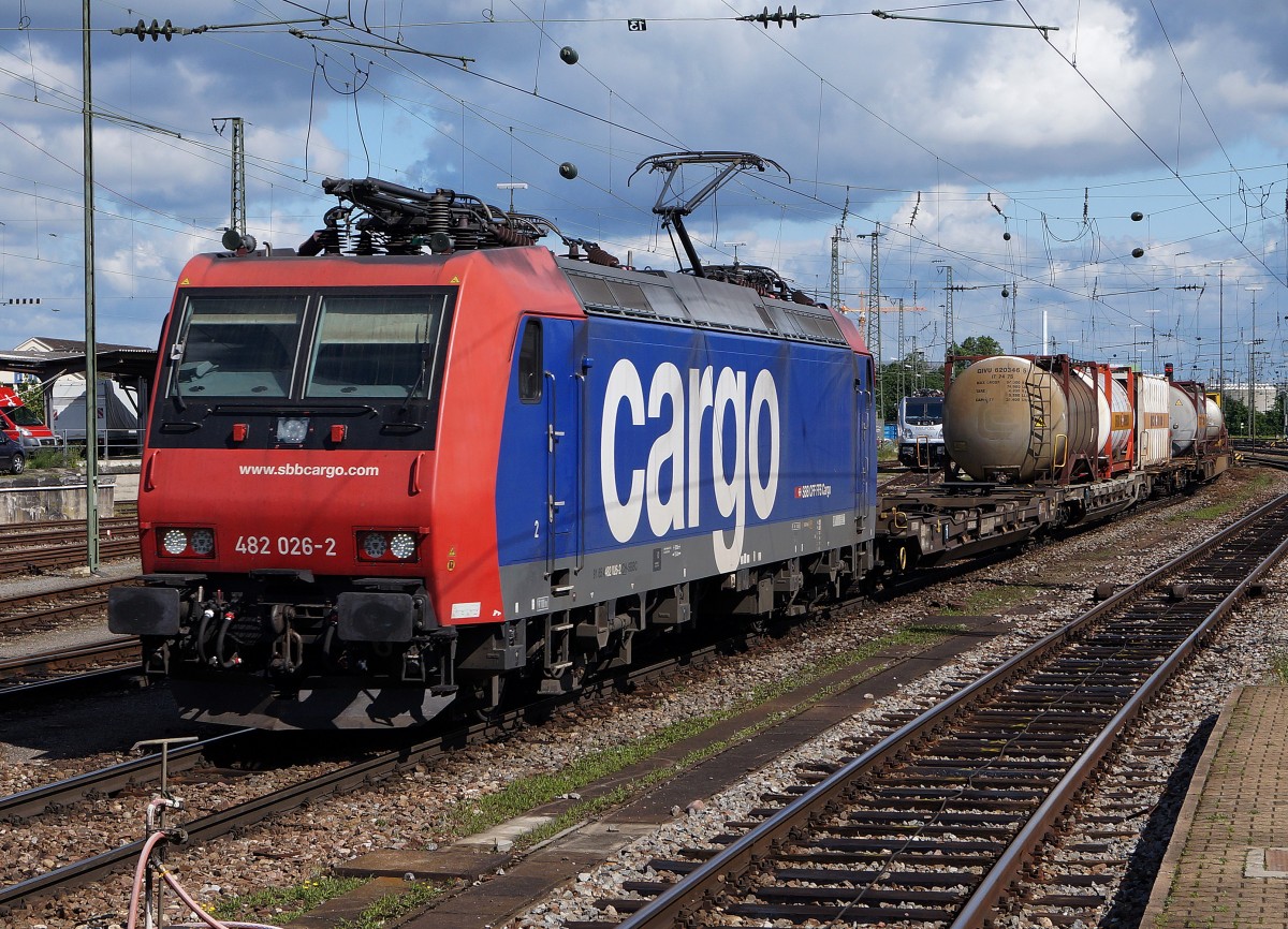 SBB: Güterzug mit Re 482 026-2 in Basel Badischer Bahnhof am 23. Juni 2015.
Foto: Walter Ruetsch 