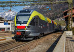 Der Trenitalia ETR 170 217, ein sechsteiliger Stadler FLIRT (MS für I / A) hat am 26.03.2022, als Regionalzug von Brenner/Brennero via Bozen/Bolzano nach Meran/Merano, den Bahnhof