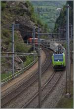 Die BLS Re 485 008 verlsst mit ihrem Gterzug den Dazio Tunnel und erreicht Rodi-Fieso.