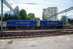Sechsachsige Drehgestell-Gelenk-Containertragwagen-Einheit, 33 54 4962 345-3 CZ-GTS, der Gattung Sggmrss 571.0 der italienischen GTS Logistic (Bari), eingestellt in Tschechien, am 28.05.2023 im