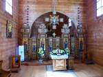 Innenraum der hlzernen Kirche im Kloster bei Krekhiv (Kozul'ka), Ukraine 23-05-2018.

Interieur van de houten kerk in het klooster bij Krekhiv (Kozul'ka), Oekrane 23-05-2018.