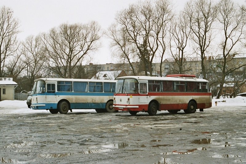 Zwei ein LAZ 695 Bus fotografiert in Sambir am 09-03-2004.
