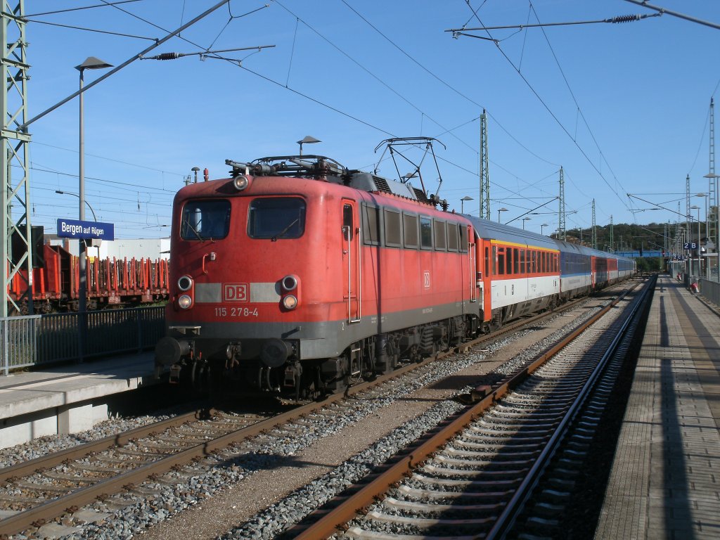 115 278,am 15.Oktober 2011,mit dem EC 379 Binz-Brno,beim Halt in Bergen/Rgen.