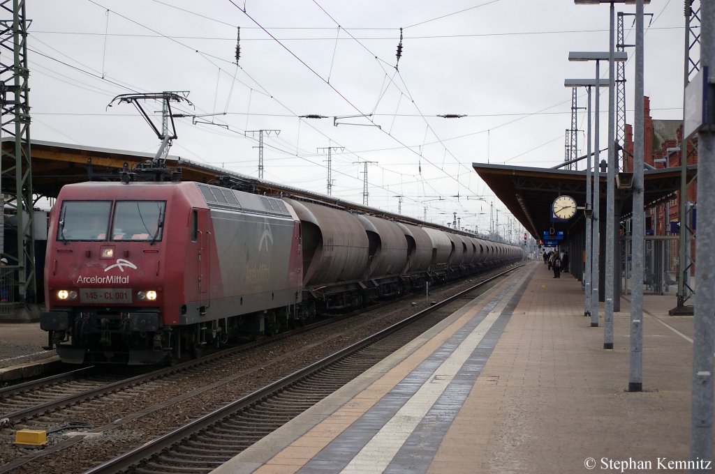 145 - CL 001 (145 081-6) von der Arcelor-Mittal mit einem Kesselzug in Stendal in Richtung Rathenow unterwegs. 04.02.2011