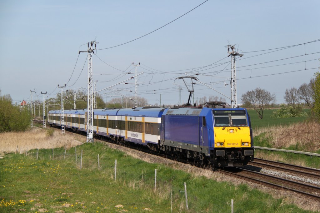 146 522-8 mit InterConnex 68904 von Warnemnde nach Leipzig Hbf bei der Durchfahrt in Sildemow.30.04.2012