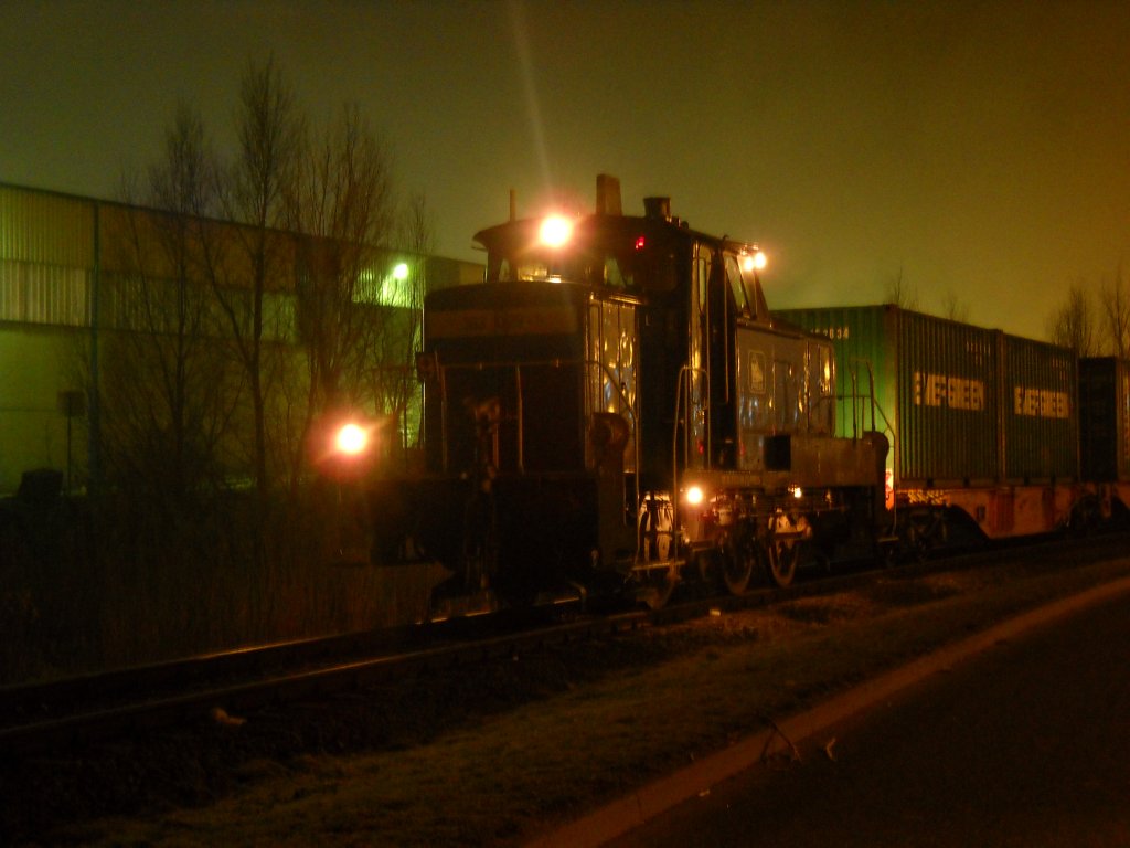 am 29.1.2011 rangiert 363 029-9 mit ihrem Containerzug bei Egger Holzwerke in Wismar.