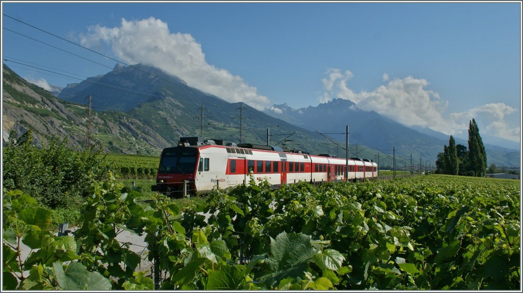 Auch eine Art  Train des Vignes  - und Wein gibt es hier bedeutend mehr als Z�ge...
Ein Walliser Domino als Regionalzug von Sion nach Monthey bei Chamoson am 22. Juli 2012.