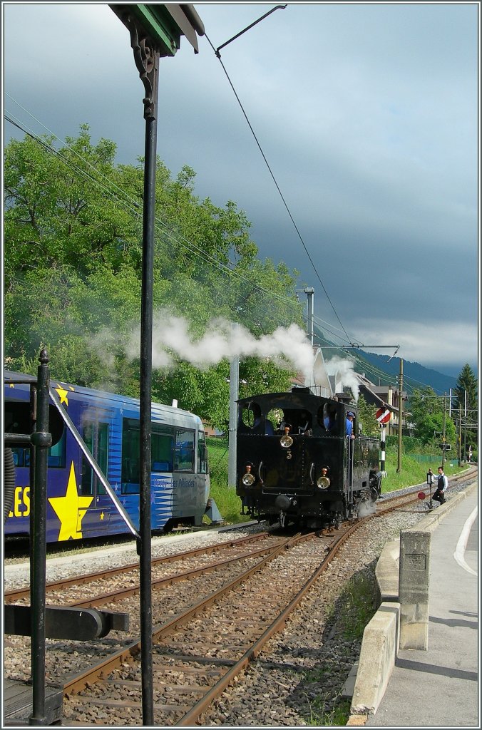 Die B-C B.F.D. N 3 beim Rangieren in Blonay.
8. Juli 2012