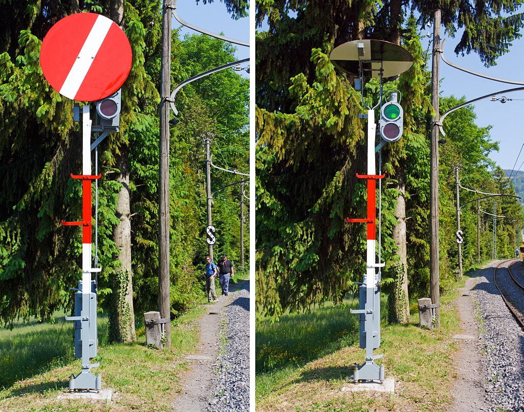 Ehemaliges Schweizer Hauptsignal (Scheibensignal), hier am 27.05.2012  der Museumsbahn Blonay-Chamby als Einfahrtsignal zum Museum Chaulin.

Auf dem linken Bild  zeigt es  Halt  und bei dem rechten Bild  Freie Fahrt 

Der Nachteil dieser Signale war, da sie in der  Frei -Stellung schwer erkennbar waren und da sie nicht  Frei mit Geschwindigkeitsbeschrnkung  zeigen konnten.
