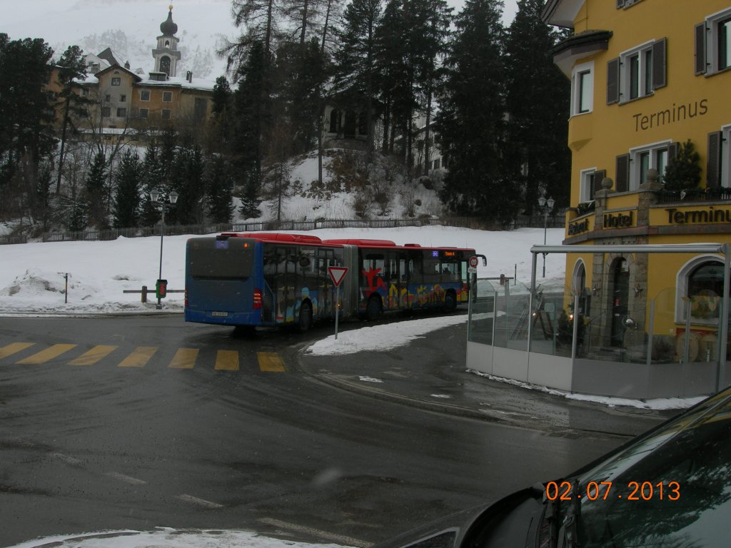 ENGADINBUS-Mercedes Citaro Baujahr 2011 beim Bahnhof Samaden am 7.2.13