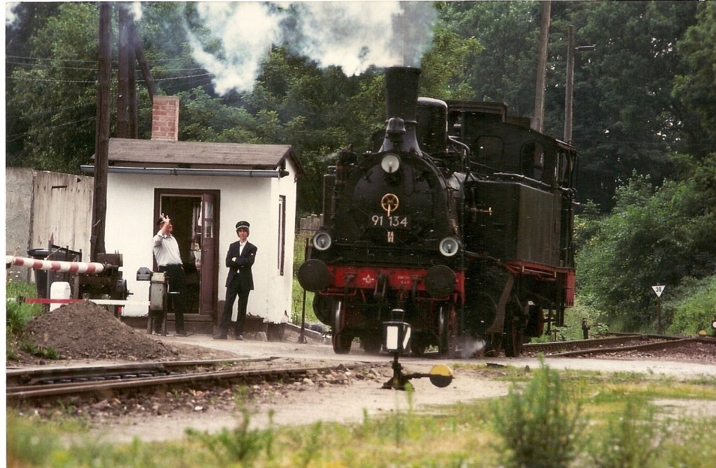 Hufig bin ich whrend der Arbeit an der Schranke von Putbus gefilmt und fotografiert wurden,so auch im Juni 1993 als 91 134 vorbei kam.