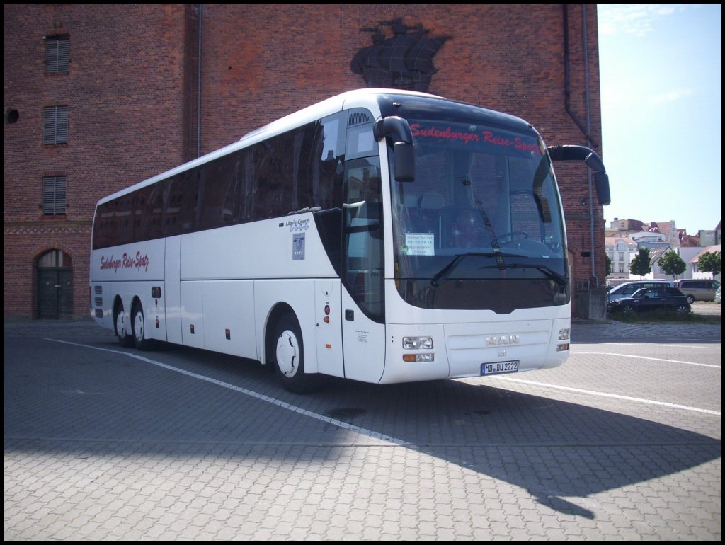 MAN Lion's Coach von Sudenburger Reise-Spatz aus Deutschland in Stralsund vor dem Ozeaneum. 

