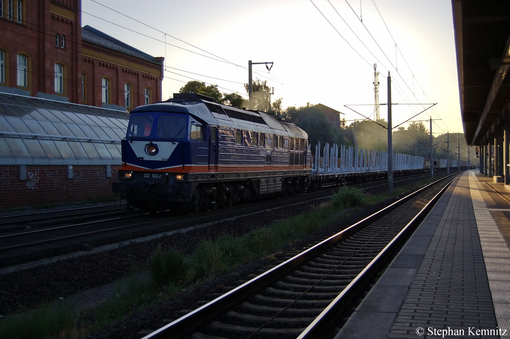 Raildox Ludmilla 232 102-3 mit leeren Holzzug in Rathenow in Richtung Stendal unterwegs. 28.06.2011