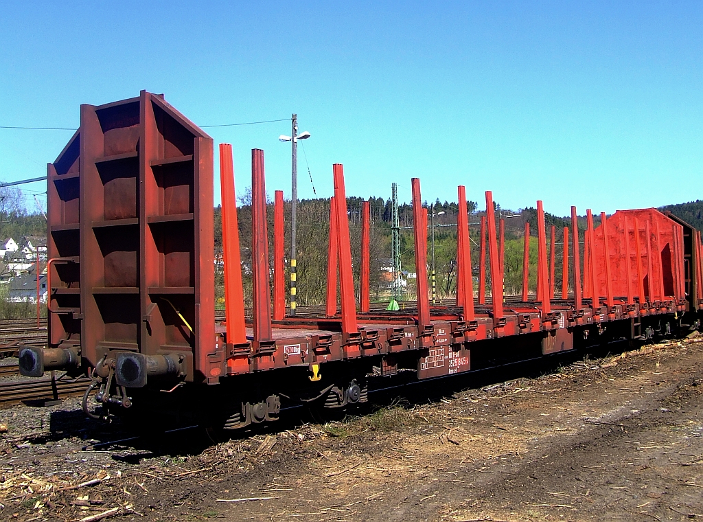 Rungenwagen Roos abgestellt in Scheuerfeld (Sieg) am 17.04.2010. Nach dem Orkan Kyrill in der Nacht vom 18./19. Januar 2007 waren in der Region gro�e Forstsch�den, in Betzdorf wurde sehr viel Bruchholz an die Schiene verladen.