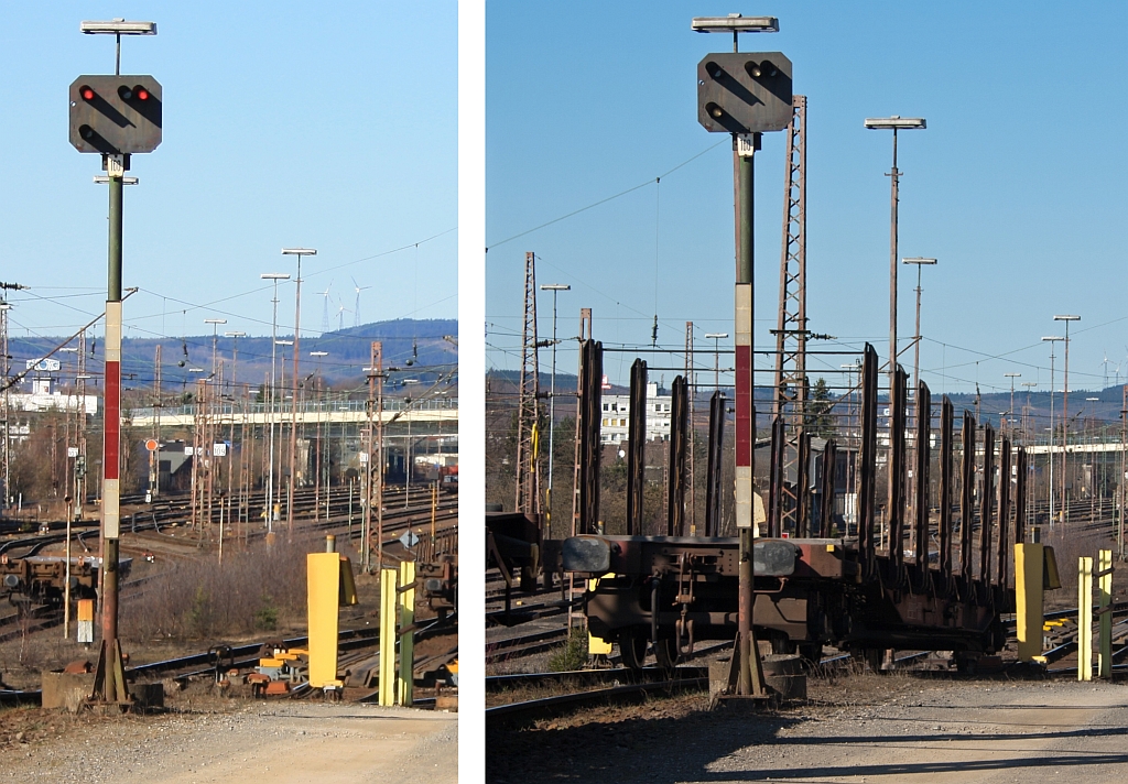 Schutzsignal Sh (hier als Lichtsignal) am 07.03.2011 in Kreuztal am Ablaufberg.

Links Sh 0 - Halt ! - Fahrverbot

Rechts Sh 1 - Fahrverbot aufgehoben