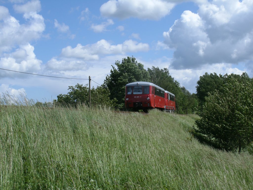 ber die Brcke bei Bergen/Rgen fuhr,am 02.Juni 2012,der Neustrelitzer LVT 172 001-0/601-7 nach Lauterbach Mole.