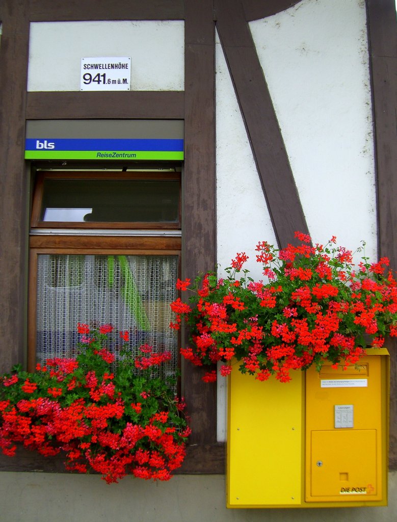 Zweisimmen Schwellenhhe 941m. Die Blumenpracht teilen sich Bahn und Post. (03.08.2007)