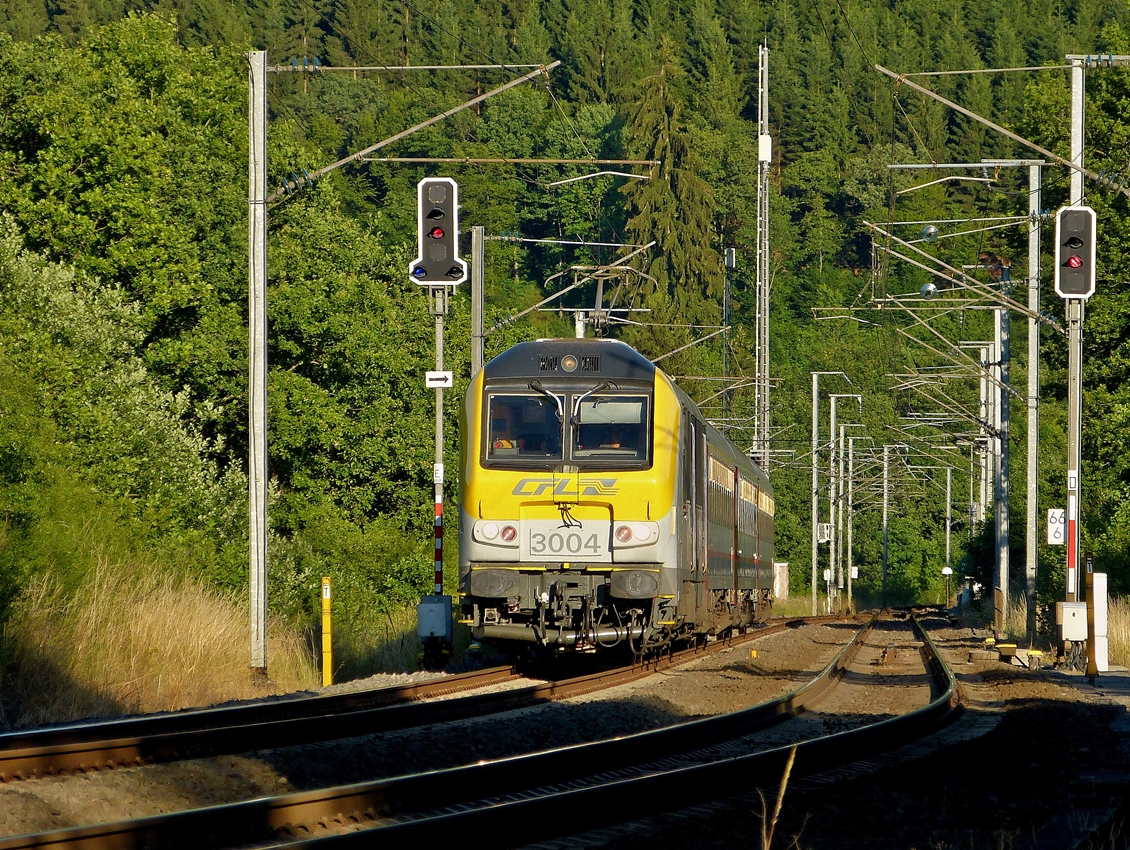 . Das Wetter war gut und so beschlossen wir am 03.07.2014 mal wieder nach Wilwerwiltz zu fahren, in der Hoffnung, dass der Gterzug auftauchen wrde. Und wir wurden wieder einmal enttuscht und so fotografierte ich halt den IR 120 Luxembourg - Liers, gezogen von der 3004, kurz vor der Einfahrt in den Bahnhof von Wilwerwiltz. (Jeanny)