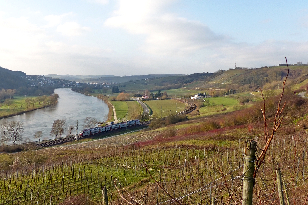 . Whrend die Weinreben noch kahl sind, fhrt ein CFL KISS an der Mosel entlang zwischen Wasserbilligerbrck und Igel. 14.01.2018 (Jeanny)