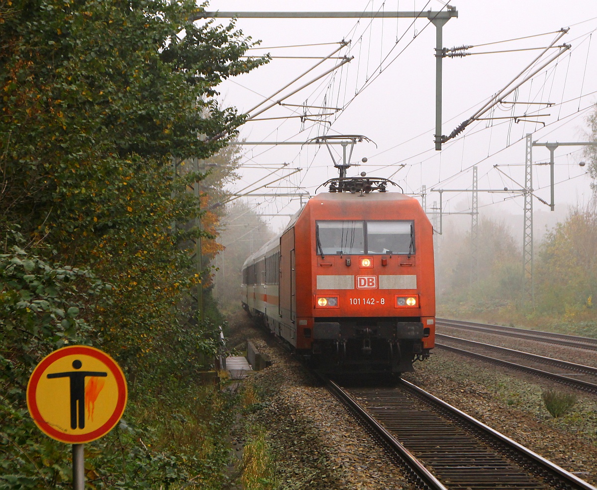 101 142-8 mit dem LPF 78082(HH-Langenfelde - Flensburg)rauscht hier durch den Morgennebel in Schleswig. 31.10.2014