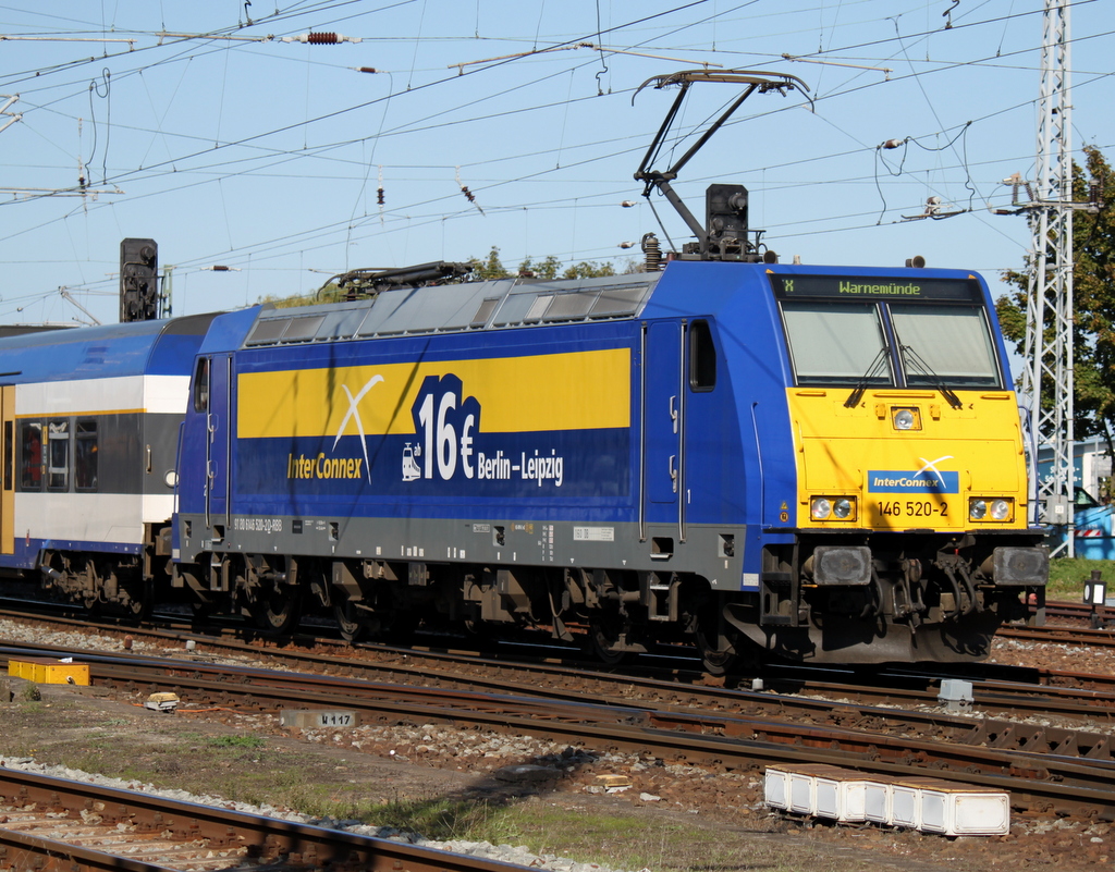 146 520-2 mit InterConnex von Leipzig Messe nach Warnemnde bei der Einfahrt in Warnemnde.28.09.2013