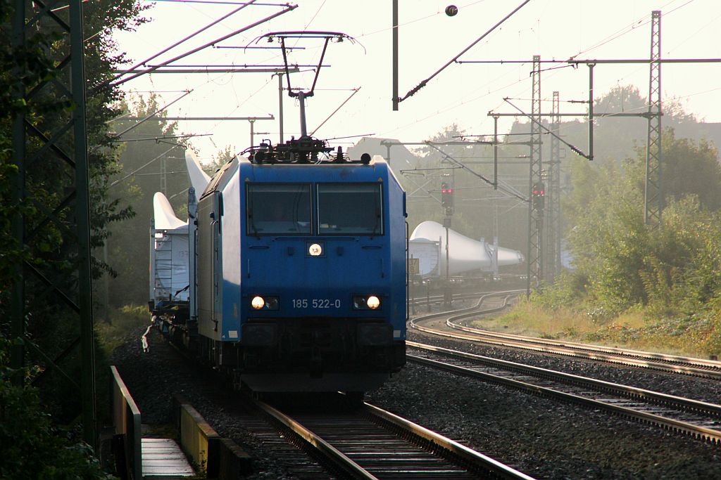 185 522-0 mit einem der bisher 5 Windanlagen-Flügelzüge(700m lang)auf dem Weg nach Padborg, von daaus geht es weiter nach Esbjerg. Schleswig 18.09.12