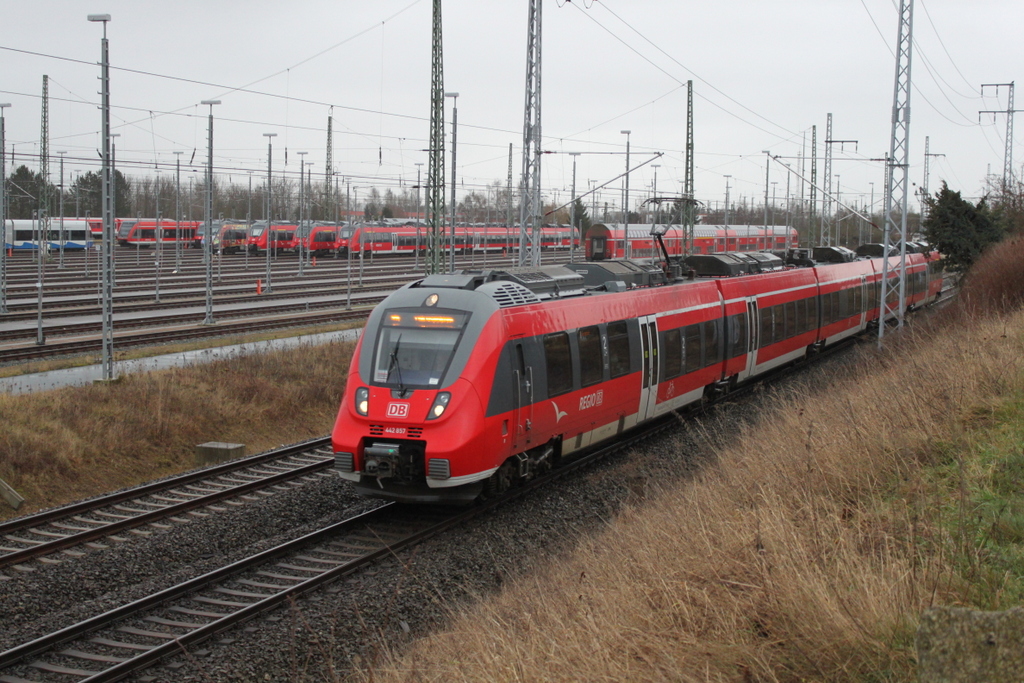 442 857 als S2(Güstrow-Warnemünde)bei der Einfahrt im Rostocker Hbf.18.12.2016