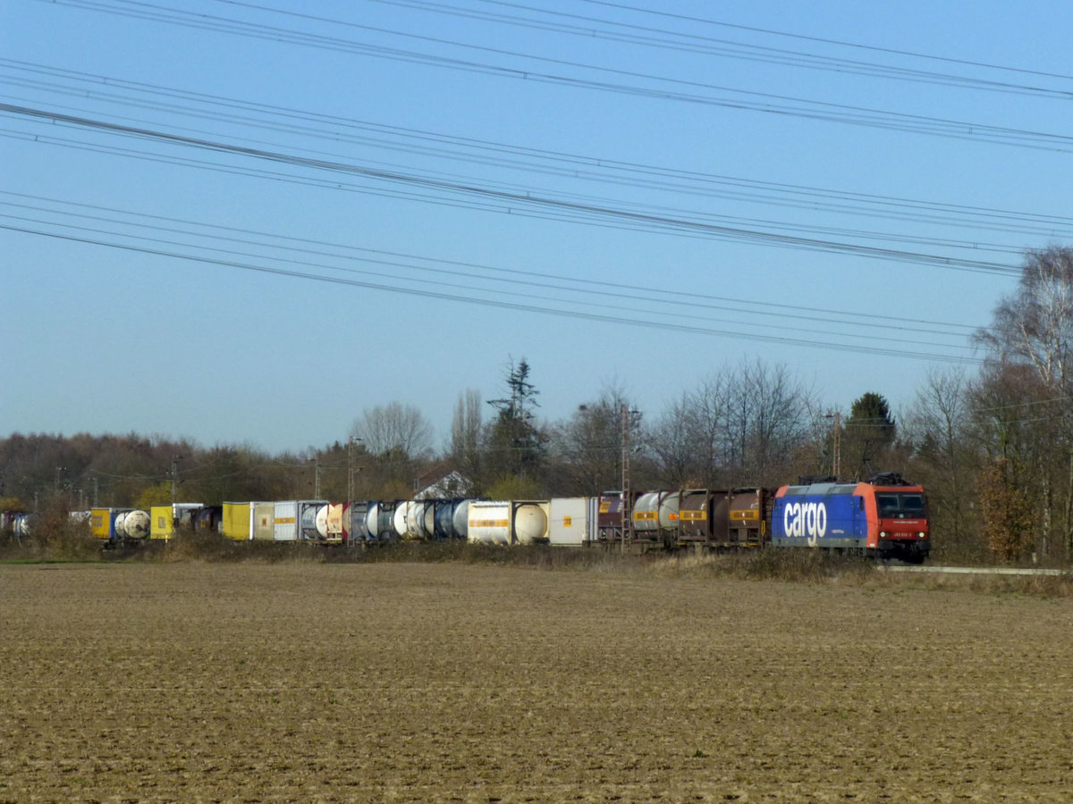 482 016 demonstriert mit dem Zug die Vielfältigkeit des kombinierten Verkehrs - vom Flüssigcontainer bis zum Sattelzuganhänger. 27.2.19.