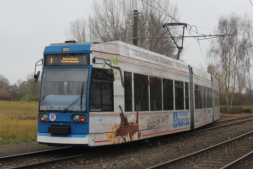 6N 1 Wagen 655  Tischlerei Hansa stand am 01.12.2018 vor der Haltestelle Rostock-Hafenallee