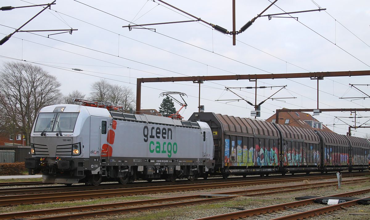 akiem/GreenCargo 193 481 vor Volvozug Pattburg/Padborg 19.03.2024