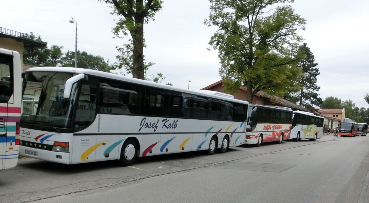 Am 2. 9. 2013 warten ein Setra S 319 UL-GT von Josef Kalb aus Norlaching bei Dorfen, ein Setra S 315 UL-GT von Nagl-Reisen aus Moosen/Vils bei Taufkirchen/Vils und ein Setra S 416 UL-SF ebenfalls von Josef Kalb, sowie weiter hinten ein Setra S 319 UL-GT von Nagl-Reisen und ein Setra S 315 UL-GT von Deuschl aus Voldering bei Dorfen am Bahnhof Dorfen auf die Abfahrt des Schienenersatzverkehrs in Richtung M�hldorf/Inn.