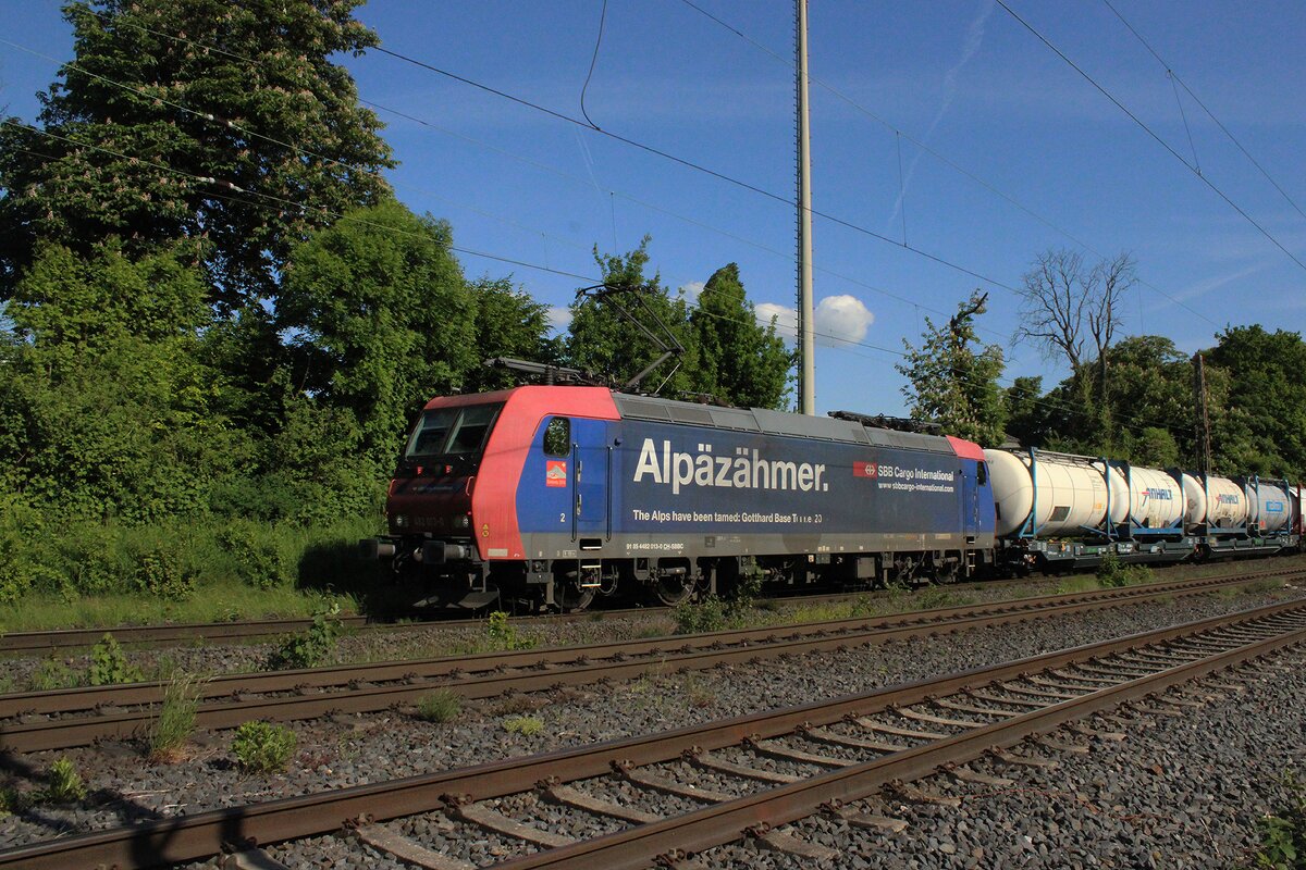 Am 9 Mai 2025 schleppt Alpazahender SBB Cargo 482 013 ein KLV durch Lintorf.