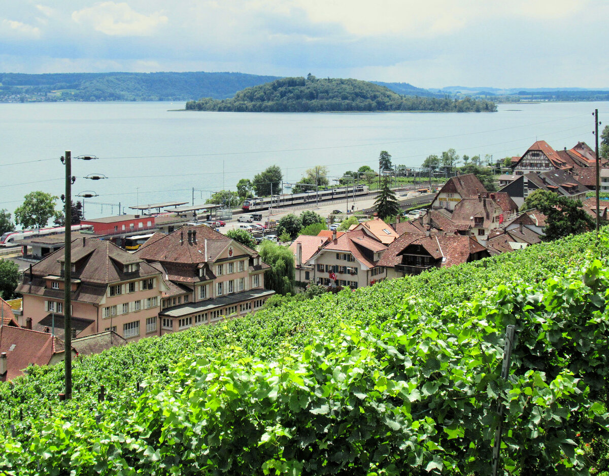 Am Bielersee: Nach einem Halt in Twann fährt der TPF-Dominozug (560 243) ab Richtung Neuchâtel, allerdings jetzt ohne die Station Ligerz zu bedienen, die von Twann aus nur noch mit dem Bus erreichbar ist. 2.August 2025   
