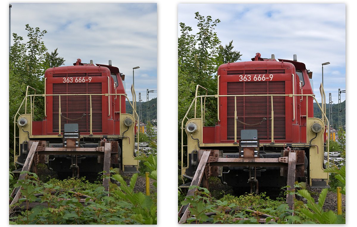 Auf besonderen Wunsch von Herrn Strobel dem dieses Bild gehört und der der Veröffentlichung zugestimmt hat hier ein Mal eine vorher(li)/nachher(re) Collage der Railsystems 363 666-9 aufgenommen am 16.07.2017 in Eberbach.