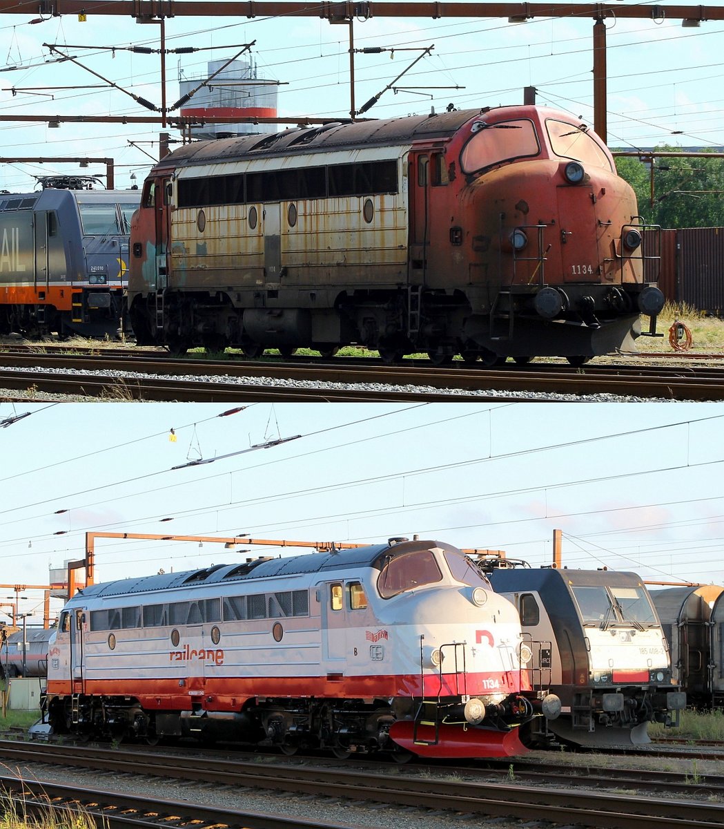 Aus aktuellem Anlass gibt es doch noch mal 6 Bilder von mir....Vor knapp einem Jahr verschwand die Railcare Litra MY 1134 von den Schienen....nun weiß man warum. Hier eine vorher(04.07.2016 oben) nachher(17.06.17, unten) Collage der nun in frischem Lack erstahlenden  Rundnase . Padborg/DK 17.06.2017