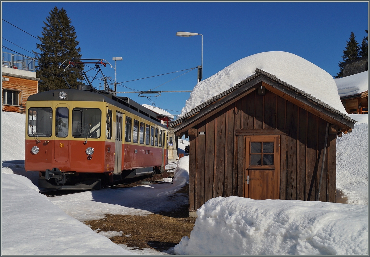  Bipperlisi  im Doppelpack: Der BLM Be 4/4 31 (ex SNB/OJB) erreicht Winteregg von Mürren kommend. 
9. März 2014