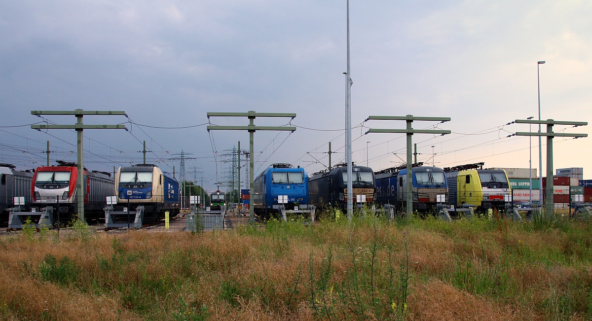 Blick in die AJAX Lokabstellung Teil 2 vlnr: Akiem 187 014, WLC 187 326, ATLU 185-Cl 006, MRCE X4E-873, BoxXpress 193 833 und mittlerweile nahezu ein Unikat die MRCE/RailForceOne  ES64F4-205. Waltershof 10.07.2021