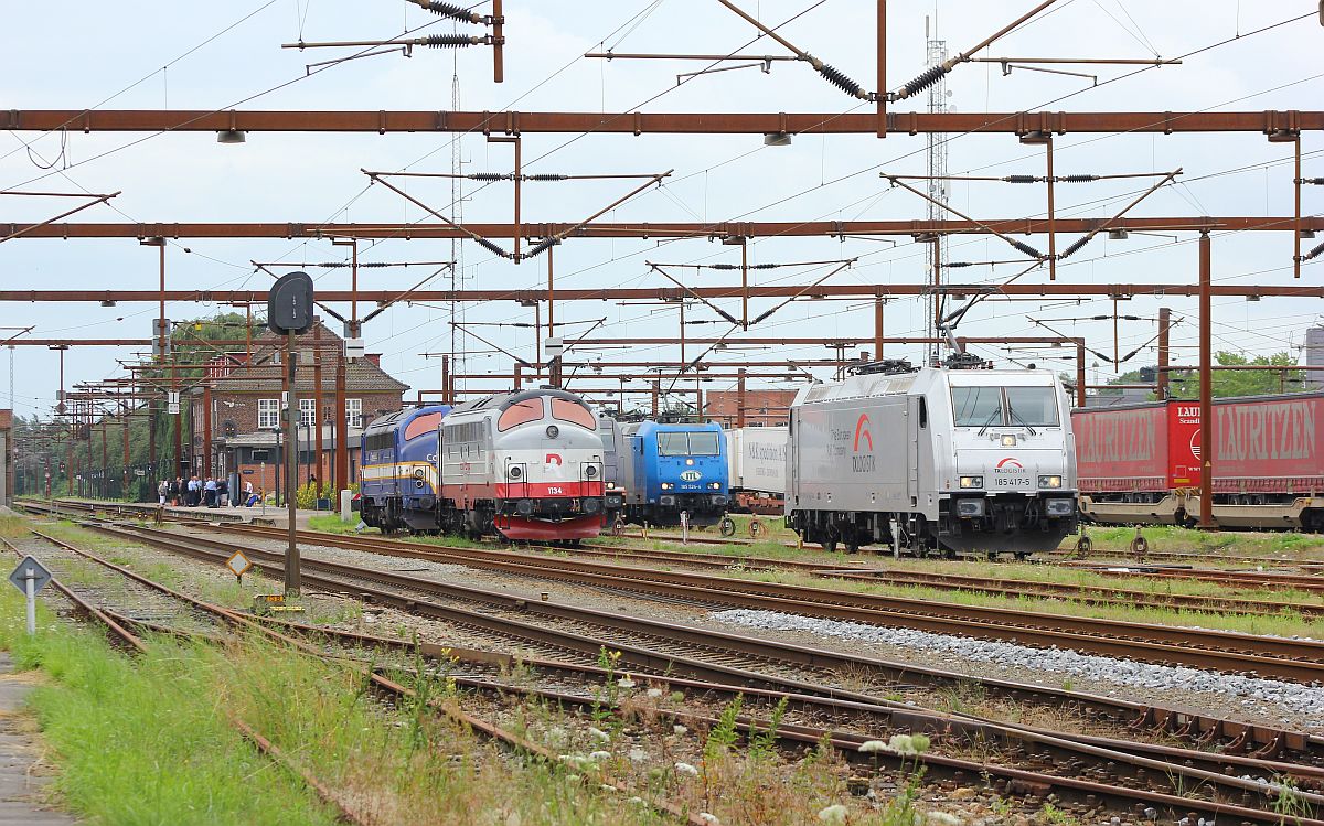 Blick auf die Nord Abstellung am Bhf Padborg/DK...Railcare Litra MY 1134 und Contec Litra MY 1158 so wie HCR 241.009 ITL 185 524-6 und TXL 185 417-5. 30.07.2017