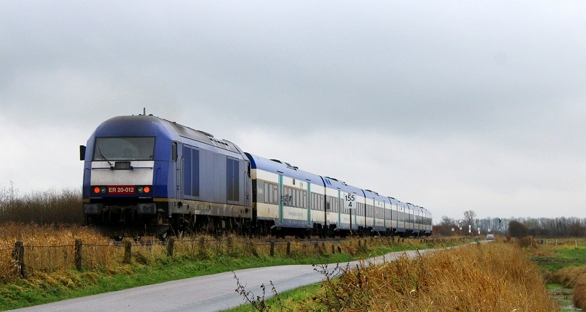 BRLL ER20-012 mit MP-Park als RE6 nach Hamburg. Südermarsch 26.11.2021