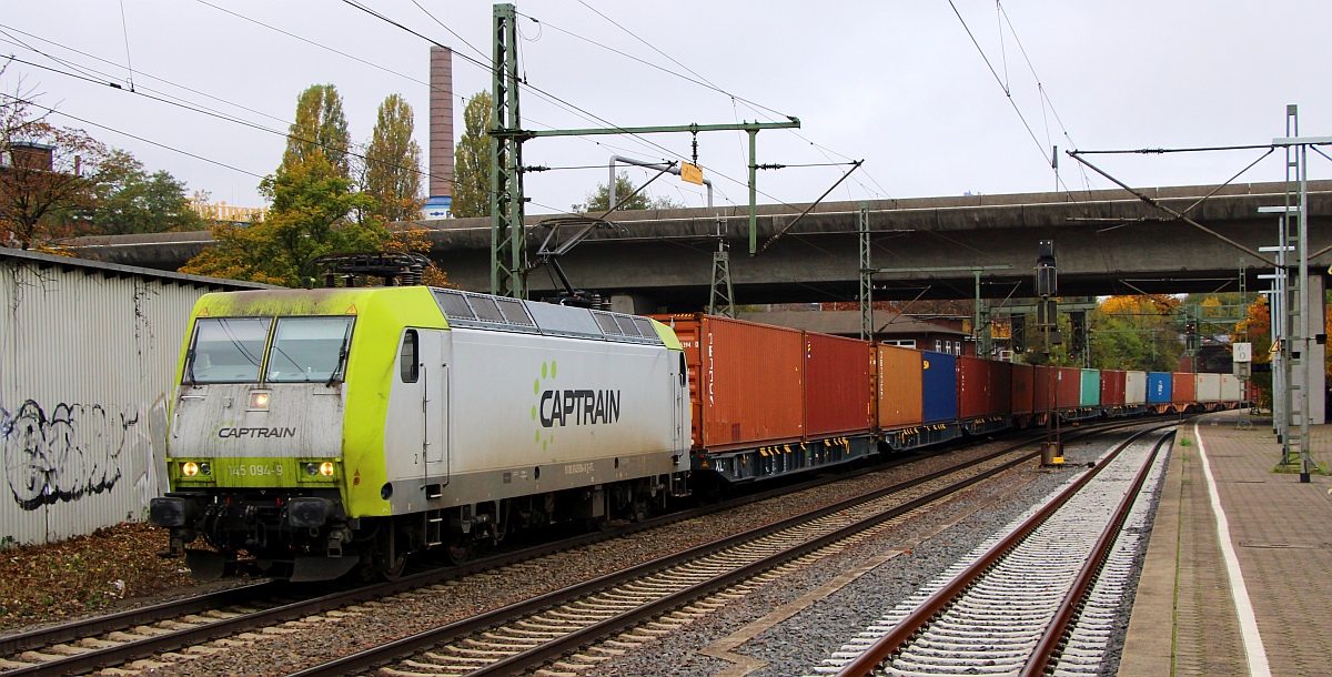 Captrain/ITL 145 094-9 mit Containerzug gen Süden. HH-Harburg 29.10.2022