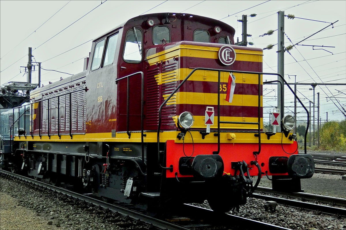 CFL Diesellok 856 am Ende des Lok Zuges im Bahnhof von Bettembourg.  21.10.2017  (Hans) 

Technische Daten: Gebaut bei Brissonneau & Lotz aus Nantes im Jahr 1957;
Achsen 4; Achsfolge: Bo'Bo'-de; 
Leistung 850 Ps; 
Lnge 14,75 m; 
Gewicht 72 t; 
Geschwindigkeit 105 km/h; 
ausgemustert 2009, seit dem gehrt sie zum Fuhrpark des Museumsvereins 1604 Classics 