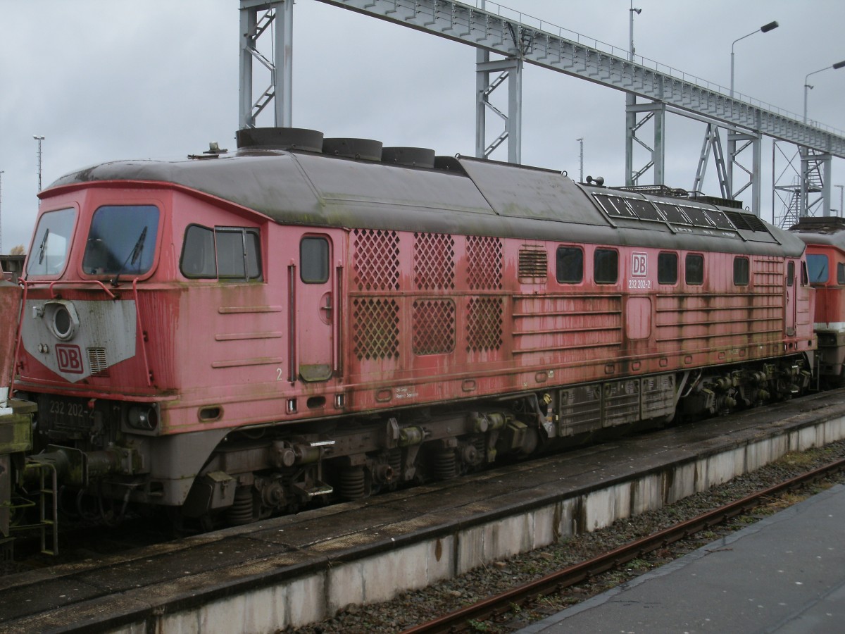 Da besteht kaum Hoffnung das 232 202-2 nochmal zum Einsatz wird.Aufgenommen am 02.November 2013,in Mukran.