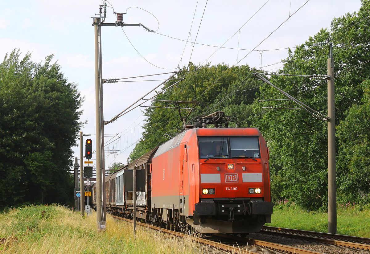 Danach verließ die D(S)B EG 3109 mit ihrem Güterzug den Granzbahnhof Pattburg Richtung Süden, aufgenommen bei Harrislee Grenze 03.08.2022 Ich ging davon aus, daß die 185 325 mit ihrem Autotranportwagen-Leerzug im Blockabstand folgen würde.... 