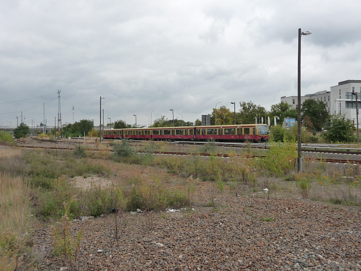 Das Bahnhofsgel�nde in Sch�nefeld wirkt allgemein verwildert, zu DDR-Zeiten war der Bahnhof obligatorischer Schnellzughalt heute mit zwei RB-, zwei S-Bahn und einer RE-Linie ein Schatten seiner selbst. Aktuell f�hrt die S-Bahn nicht mal mehr ins Stadtzentrum, sondern nur �ber die Ringbahn.
Auf der S45 reichen dabei wohl Halbz�ge (vier Wagen), einer f�hrt hier gerade durch die Schotterw�ste.