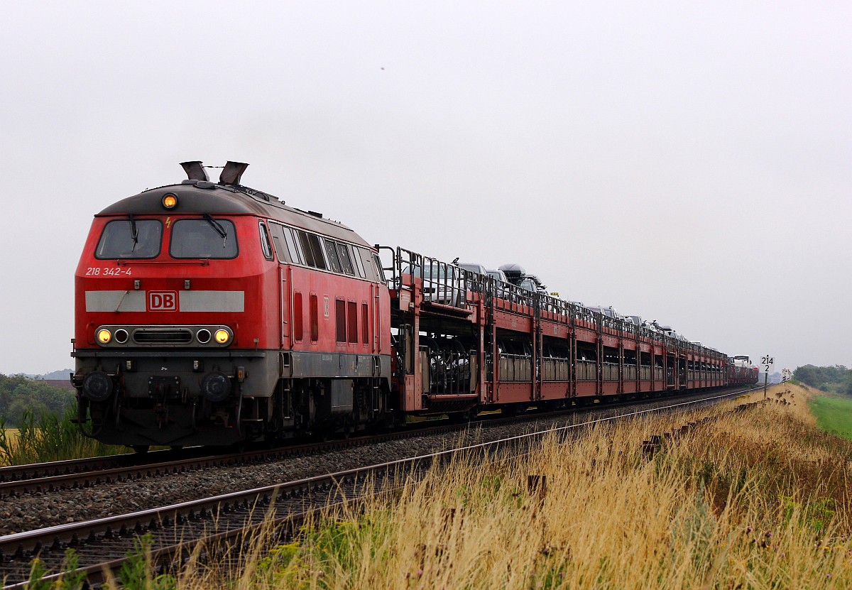 DB 218 342-4/REV/HB X/28.05.08, Verl/ANB/12.05.16)mit SyltShuttle Richtung Westerland festgehalten Dreieckskoog/Friedrich-Wilhelm Lübke Koog kurz hinter Klanxbüll. 25.07.2015