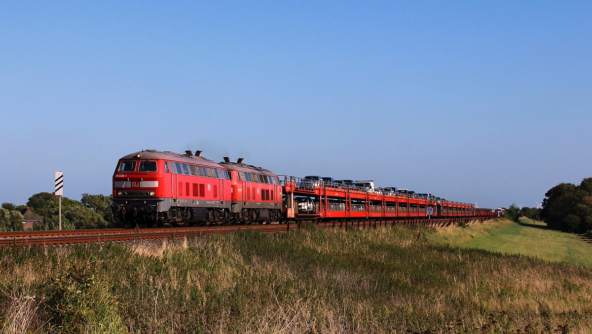 DB 218 838 + 491 mit SyltShuttle nach Westerland. Wiedingharder Neuer Koog 01.09.2021