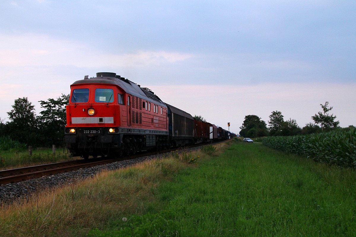 DB 232 230-3 poltert hier Lautstark am Bü Sollbrück II bei Jübek vorbei Richtung Husum. 17.07.14