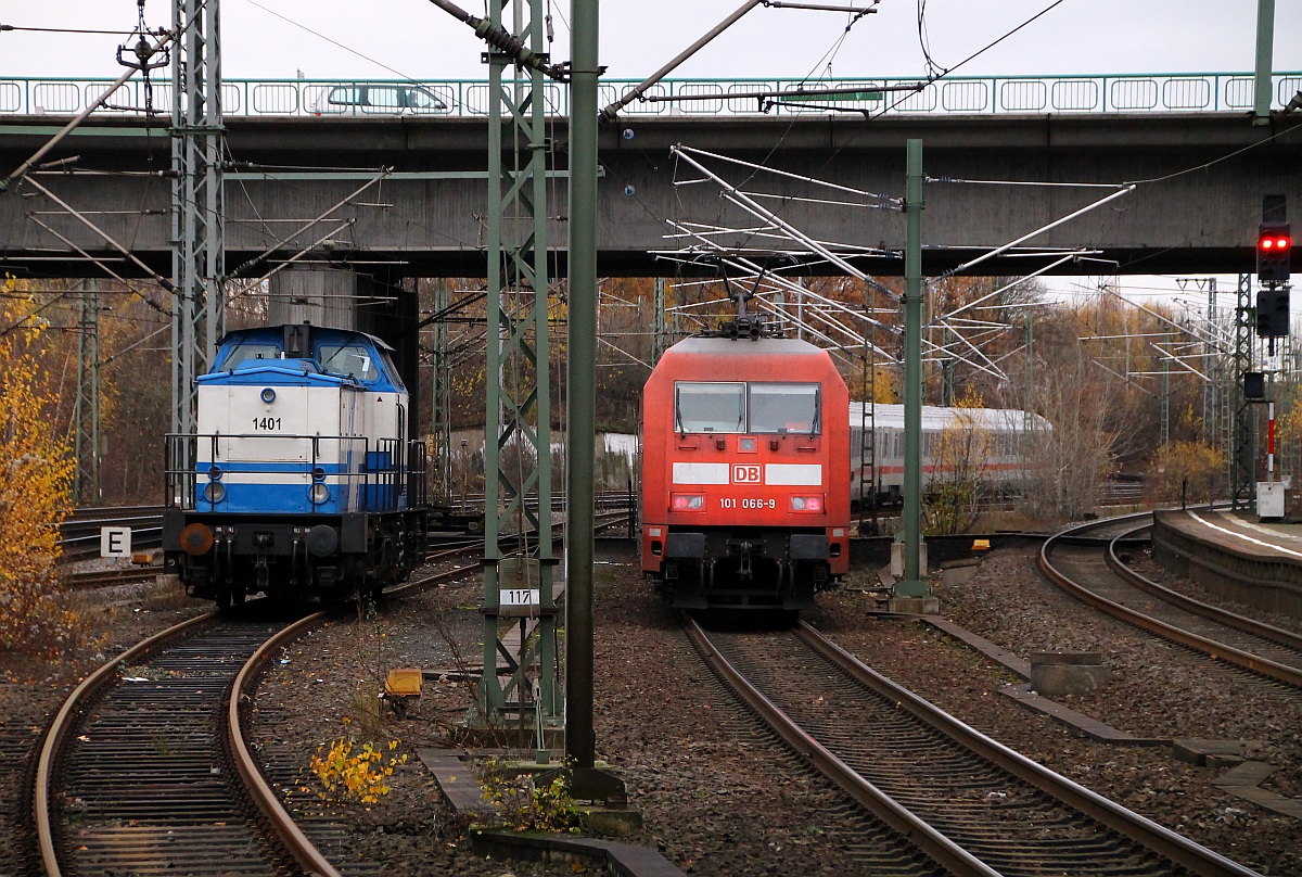 D&D 1401/203 205-0 und die 101 066-9 aufgenommen in Bhf HH-Harburg. Der IC endete hier wegen der Weichenbauarbeiten im Hamburger Hauptbahnhof und wird nach HH-Wilhelmsburg gefahren und dort abgestellt. 30.11.2013