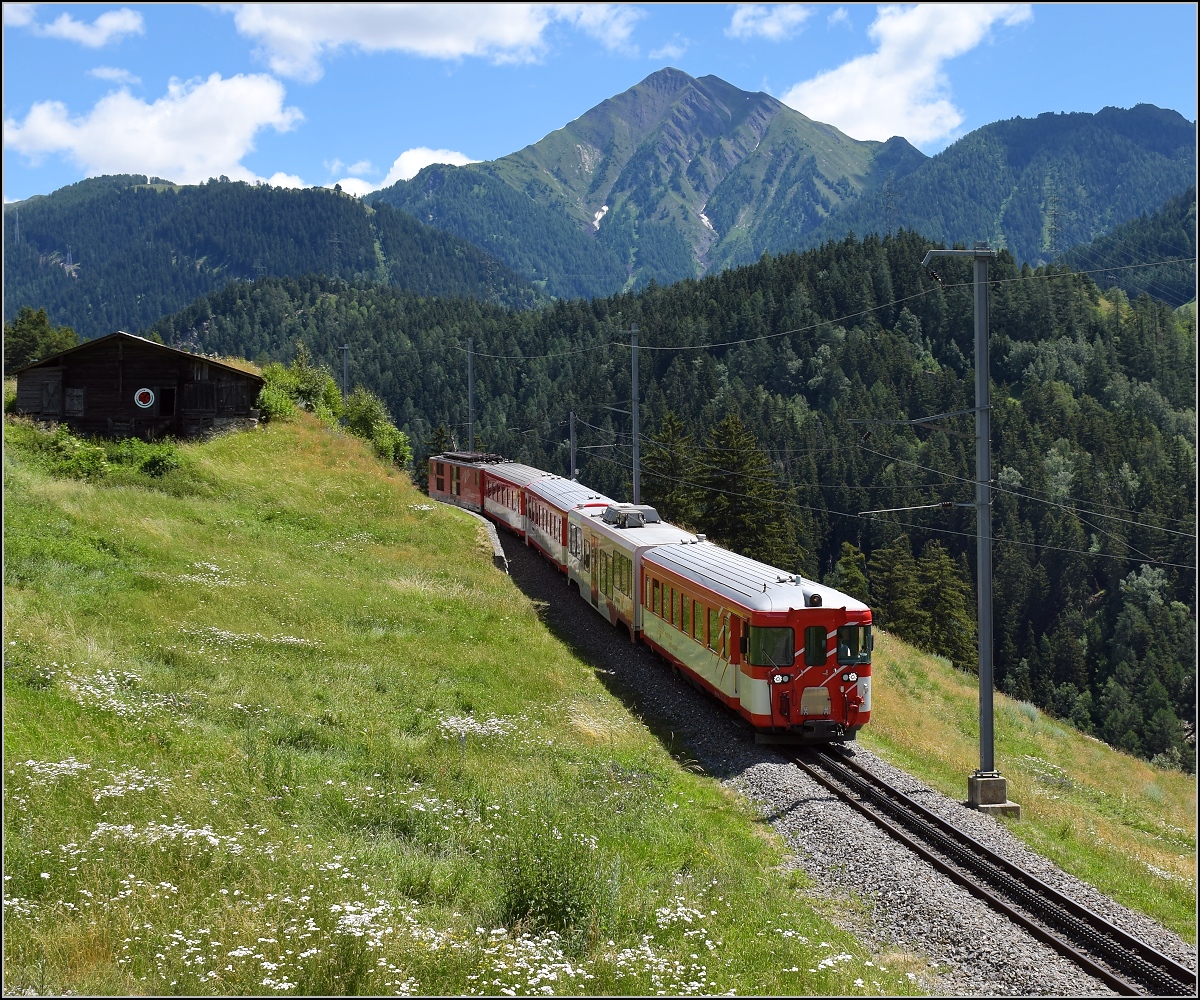 Deh II 96 Mnster mit dem talseitigen Steuerwagen bei Oberdeisch. Im Hintergrund das Eggerhorn. Juni 2018.